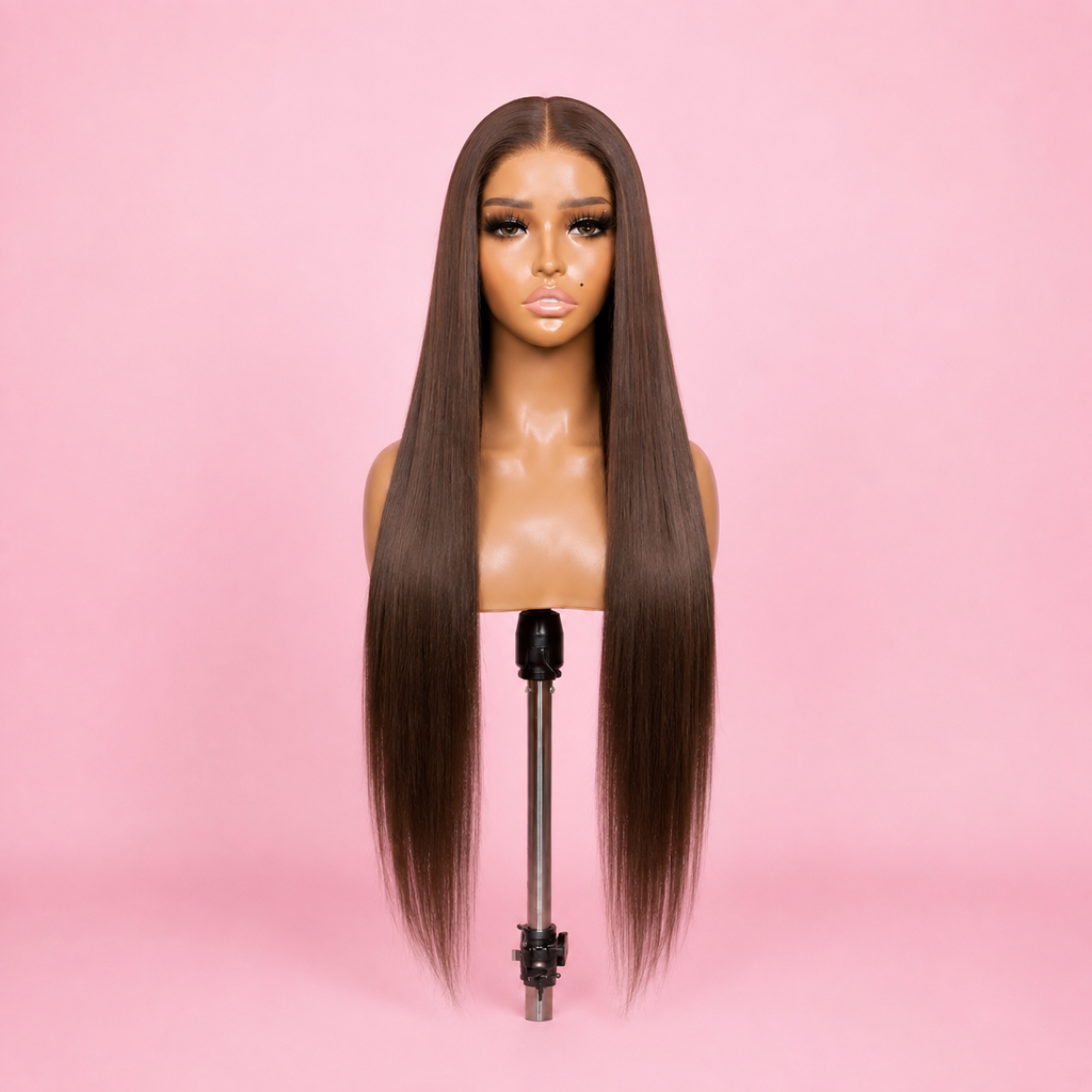 Brown straight lace front wig with caramel highlights and natural pre-plucked hairline