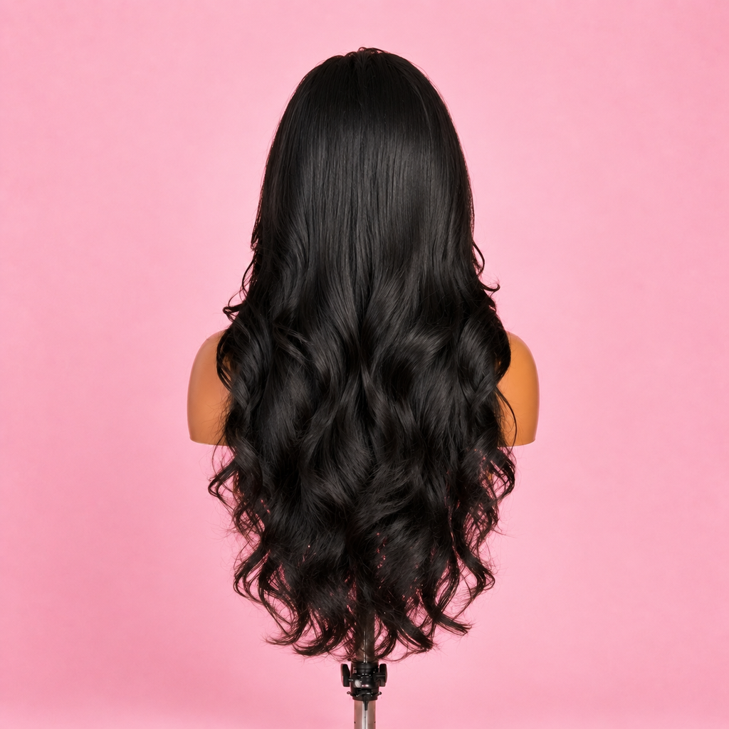 Long black glueless body wave lace front wig with pre-plucked natural hairline