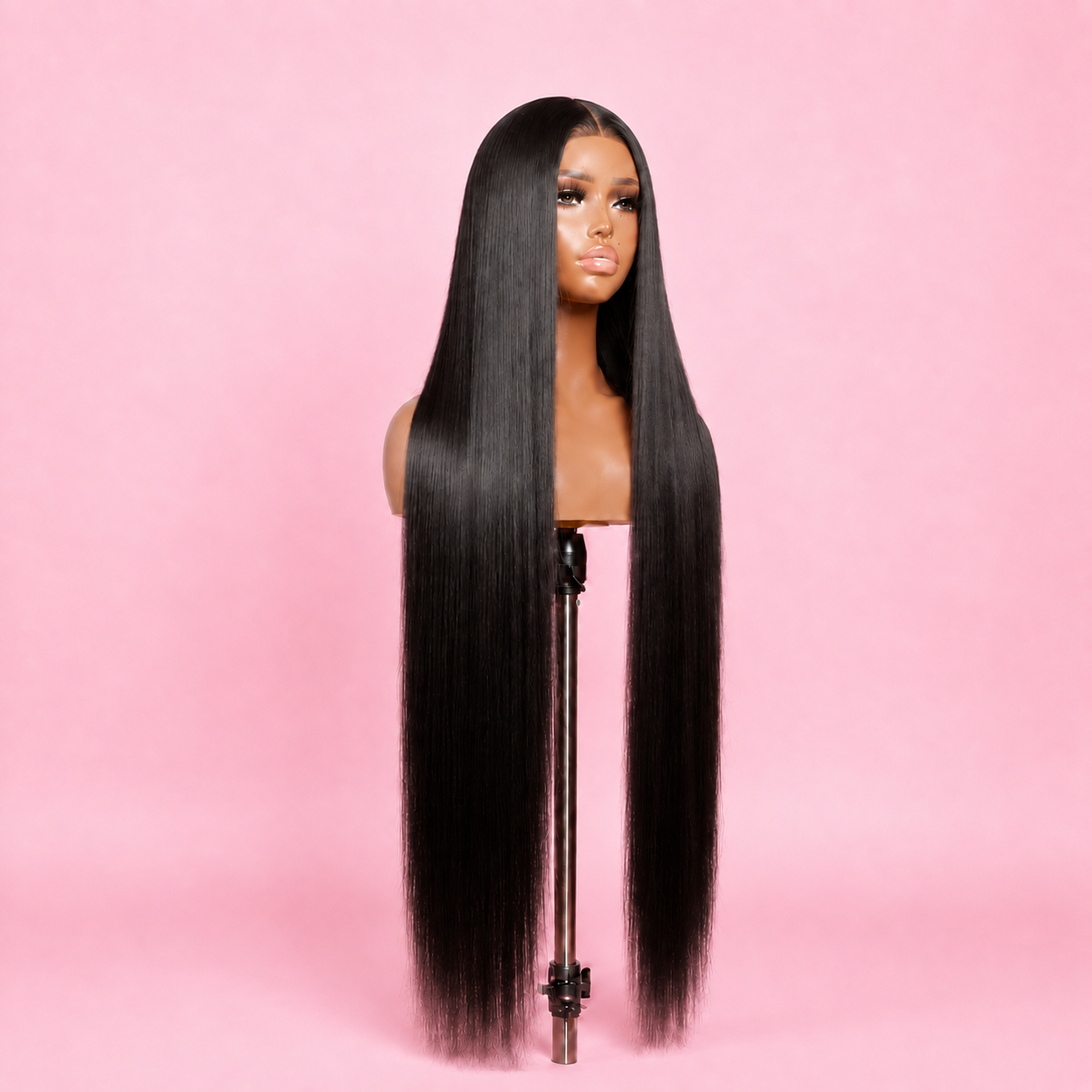 Long black silky straight glueless lace front wig with natural-looking hairline