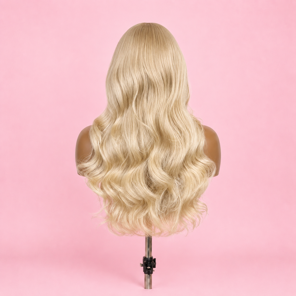 Blonde heat-resistant synthetic body wave wig with pre-plucked lace front
