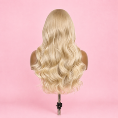 Blonde heat-resistant synthetic body wave wig with pre-plucked lace front