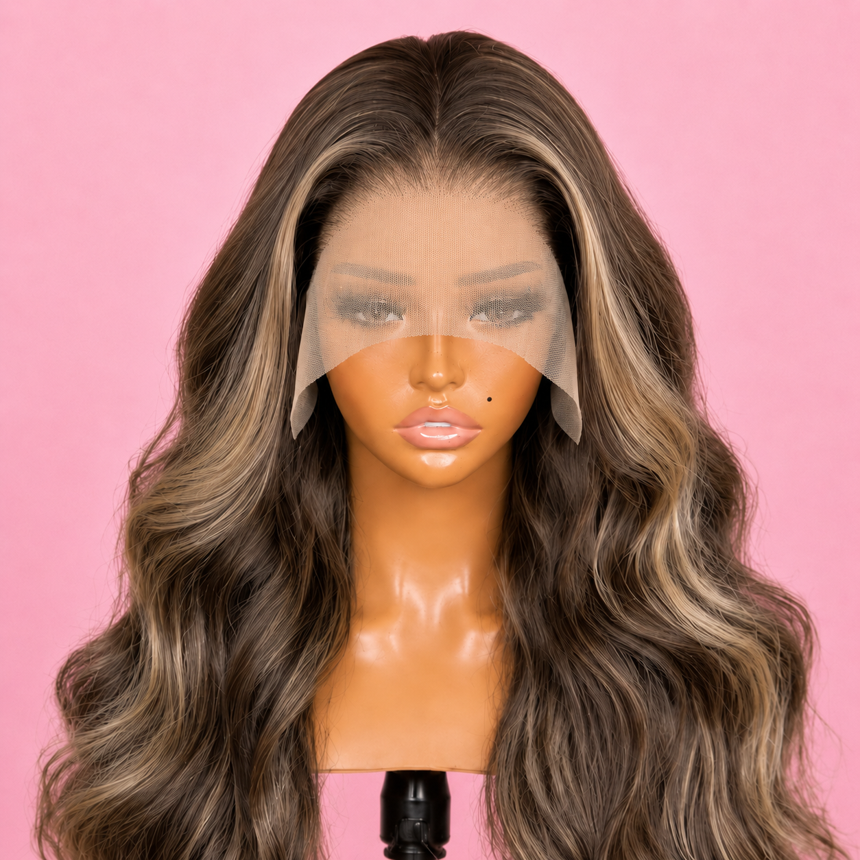 Long brown glueless body wave lace front wig with pre-plucked natural hairline