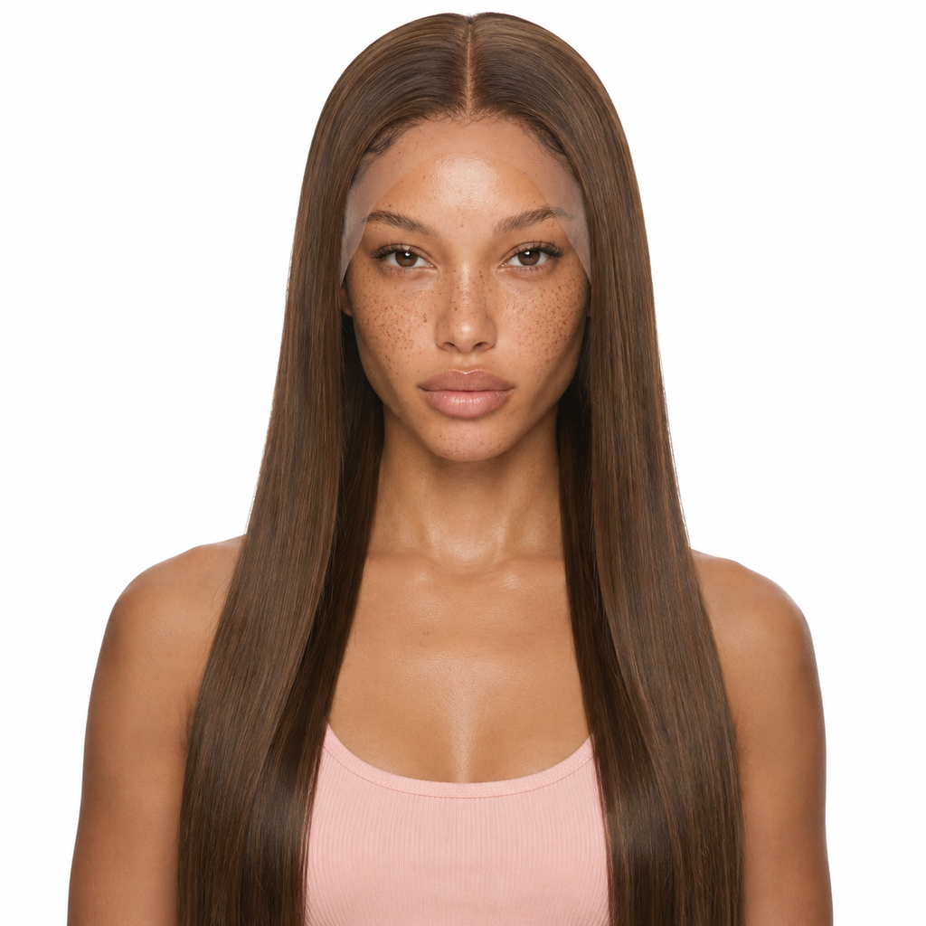 Caramel highlight 30 inch straight lace front wig in brown with light brown highlights