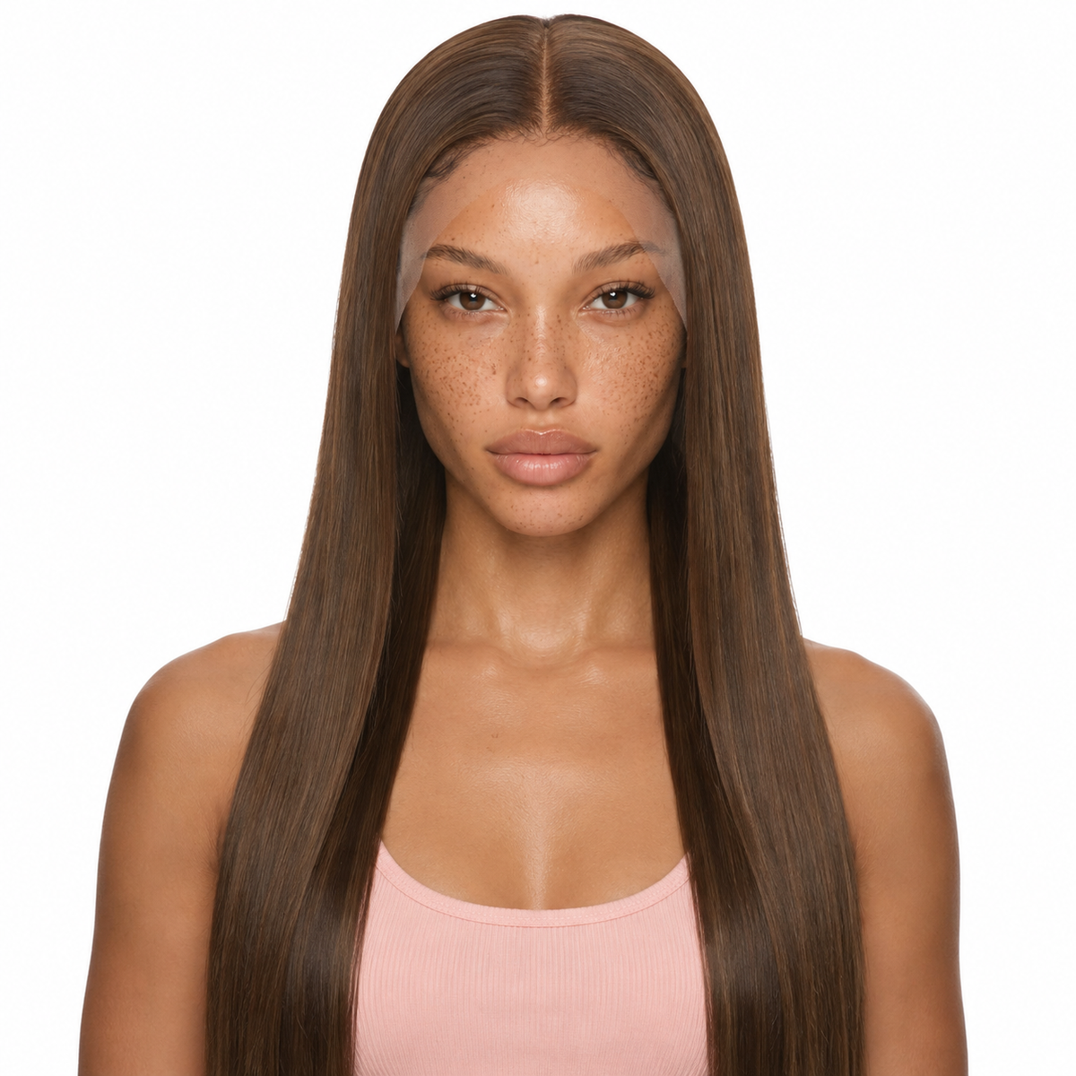 Caramel highlight 30 inch straight lace front wig in brown with light brown highlights