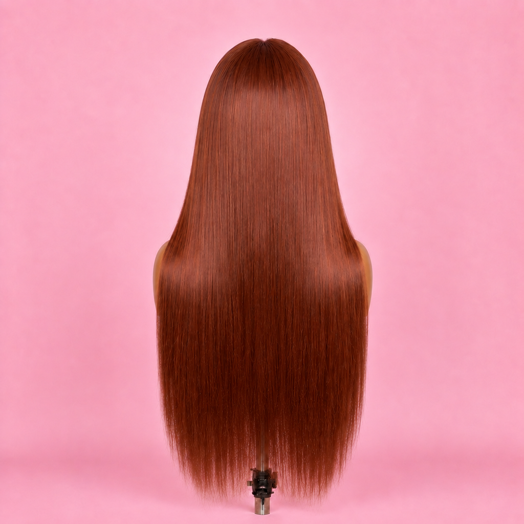 

Hazelnut dark brown synthetic wig with light brown lace and natural-looking hairline