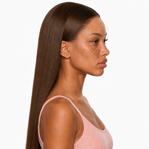 Long brown straight synthetic lace front wig with light brown caramel highlights