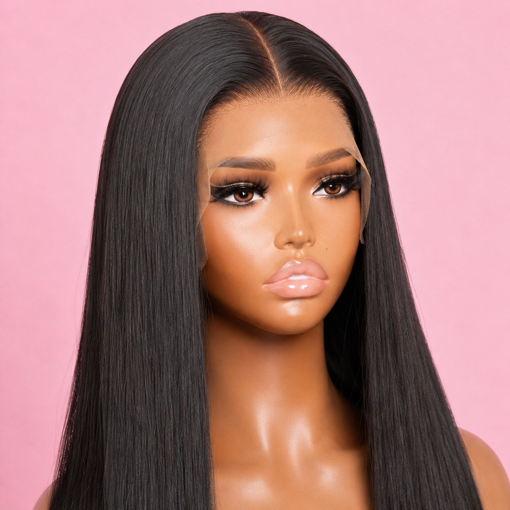 Midnight black synthetic straight wig with 13x4 Swiss lace front