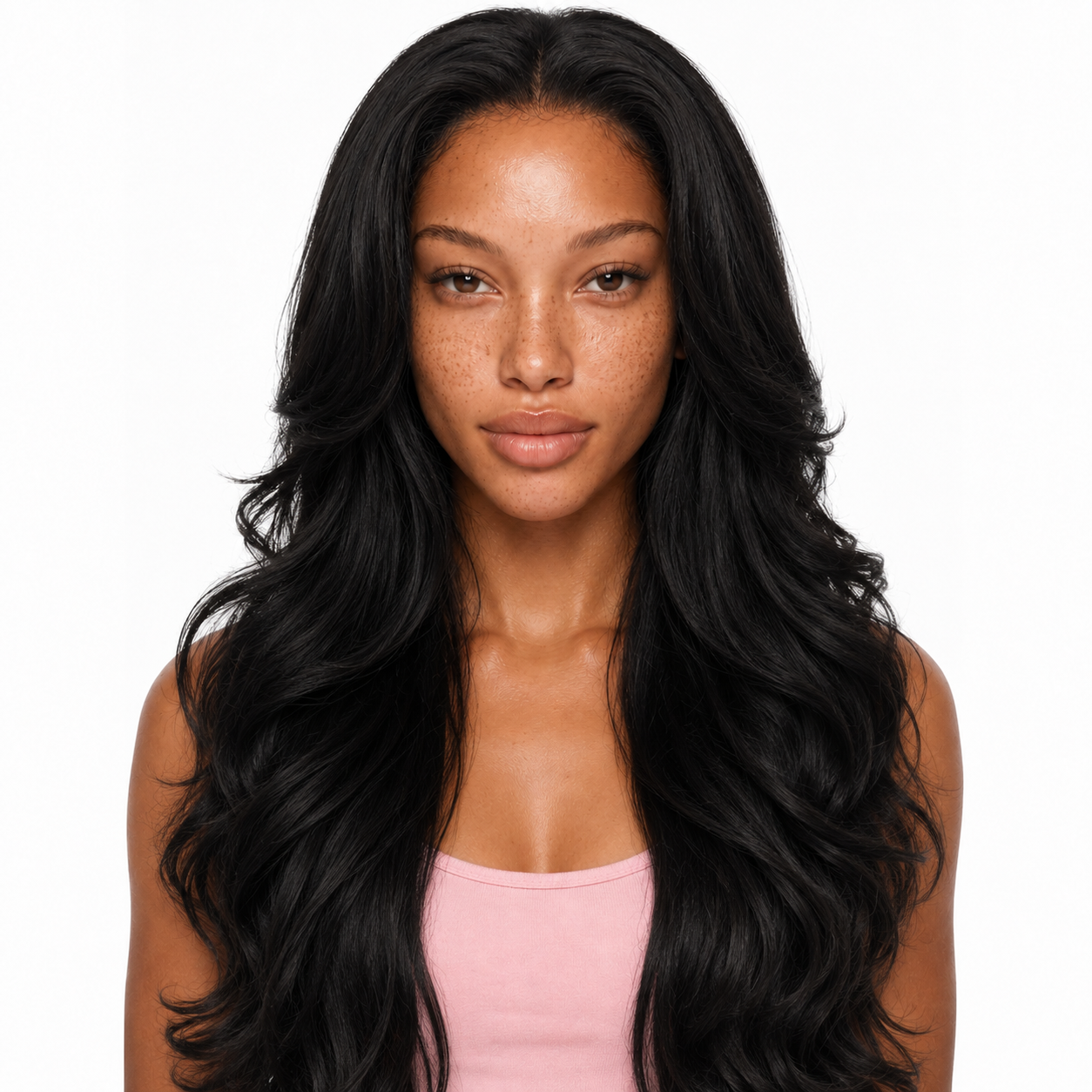 Noir 25 inch black body wave lace front wig with natural pre-plucked hairline